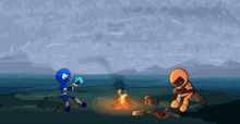 a pixel art drawing of two ninjas standing around a campfire