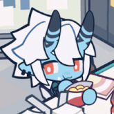 a cartoon character with horns eating a bowl of food