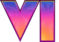 a purple and pink triangle with palm trees in the background is the letter vi