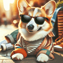 a corgi dog wearing sunglasses and a shirt