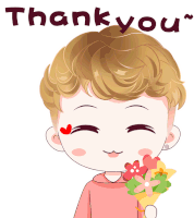 a cartoon boy is holding a bouquet of flowers and the words thank you are above him