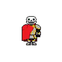 a pixel art of sans in armor with a red cape .