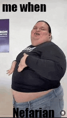 a very fat man in a black shirt and blue jeans is dancing in a room .