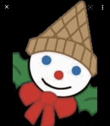 a cartoon drawing of a snowman wearing a waffle cone hat and a red bow