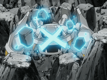 a cartoon drawing of a robot with a blue x on it 's head