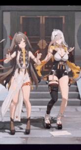 two anime girls are standing next to each other and giving thumbs up