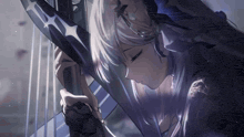 a girl with white hair is holding a sword with a star on it