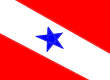 a red white and blue flag with a blue star in the center