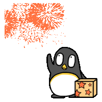 a cartoon of a penguin holding a box with stars on it in front of fireworks