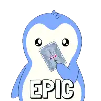 a penguin is holding a card that says epic on it