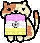 a pixel art drawing of a cat holding a box with a rainbow flag on it .