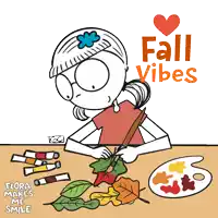 a cartoon of a girl painting leaves with the words " fall vibes " above her