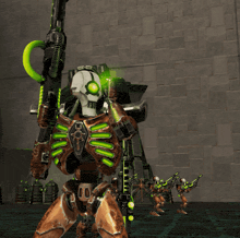 a robot with a green eye is holding a gun in front of a brick wall