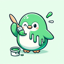 a green penguin is holding a brush with green paint