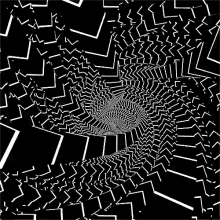 a black and white optical illusion of a tunnel with a maze of lines and squares .