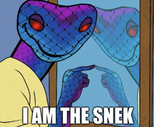 a cartoon snake is pointing at its reflection and says i am the snek