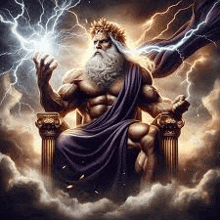 a muscular man with a beard is sitting on a throne with lightning coming from his hand .