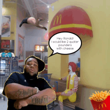 a man with a tattoo on his arm standing in front of a mcdonald 's sign