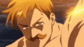 a close up of a man with a mustache and blue eyes