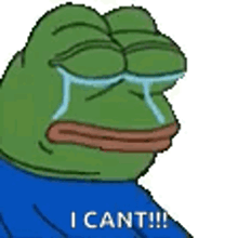 a frog is crying with tears coming out of his eyes and a blue shirt on .