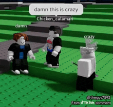 a group of roblox characters standing next to each other and one of them says damn this is crazy