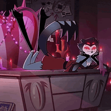 a cartoon character is laying on a table with candles in the background