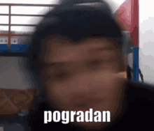 a blurry picture of a man 's face with the word pogradan written on it .