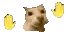 a pixel art of a dog with two yellow gloves in the background .