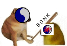 a dog holding a bat with the word bonk written on it