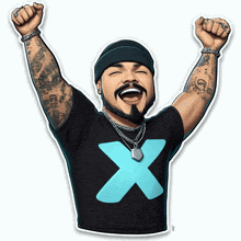 a cartoon of a man with his arms in the air wearing a black shirt with an x on it