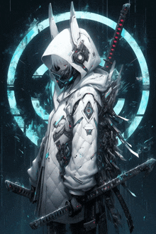 a futuristic character with a hood and a mask holding two swords