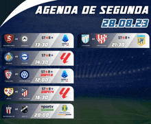 agenda de segunda is displayed on a soccer stadium background