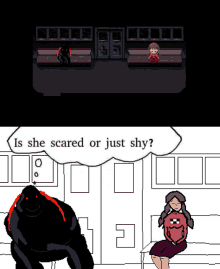 a girl is sitting on a couch next to a monster in a video game and the monster is asking if she is scared