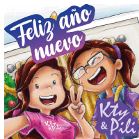 a cartoon of two girls with the words feliz ano nuevo on the top