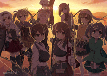 a group of anime girls are standing in front of a sunset and the word sample is on the bottom right