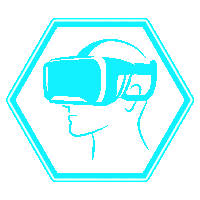 a person wearing a virtual reality headset is shown in a blue hexagon