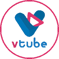 a pink and blue logo for vtube with a heart in the center