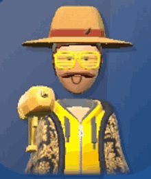 a cartoon character wearing a straw hat and yellow glasses