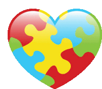 a heart made of puzzle pieces with a yellow piece in the middle