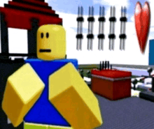 a yellow and blue roblox character standing in front of a heart