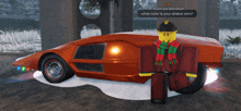 a roblox character is standing in front of an orange car