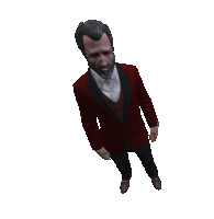 a man with a beard wearing a red tuxedo