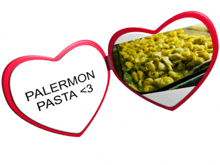 a heart shaped picture frame with the words palermon pasta < 3 written on it