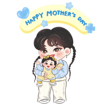 a cartoon drawing of a woman holding a baby with the words happy mother 's day below her