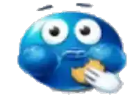 a blue smiley face with big eyes is holding a fork in its mouth .