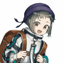 a girl wearing a purple hat is carrying a brown backpack with a strap that says ' ns ' on it