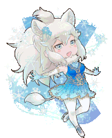 a cartoon drawing of a white wolf in a blue dress