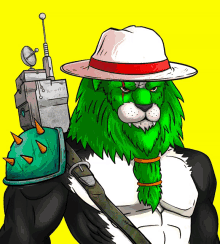 a cartoon drawing of a green lion wearing a hat