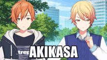 two anime characters are standing next to each other with the words akikasa written on the bottom