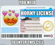 a license that says horny license on it